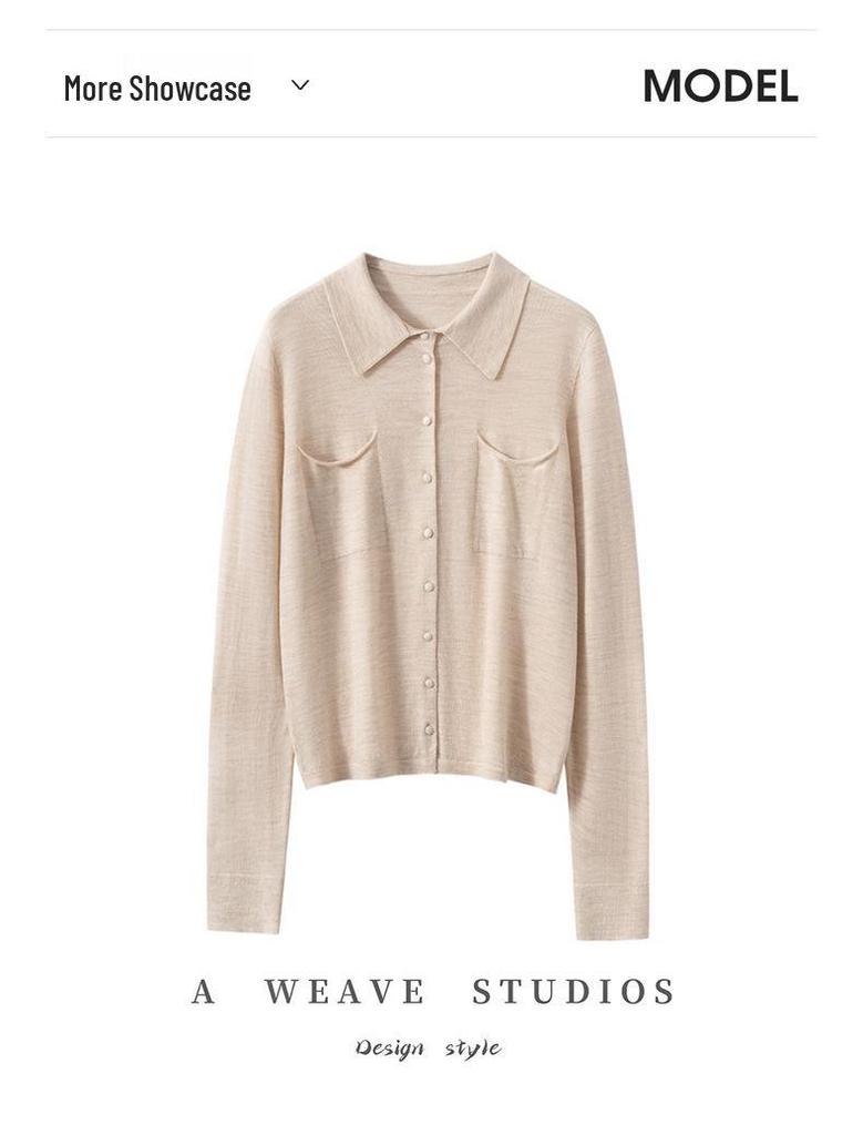Autumn/Winter Women's Pure Wool Polo Collar Knit Cardigan