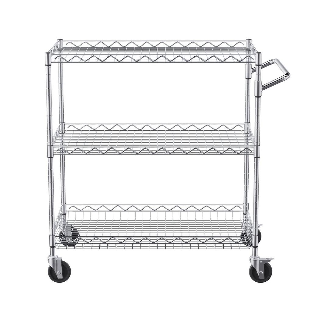Kitchen Utility Cart, 3 Tiers, Wire Rolling Cart with 661LBS Capacity, Steel Service Cart On Wheels, Metal Storage Trolley with 80mm Deep Basket