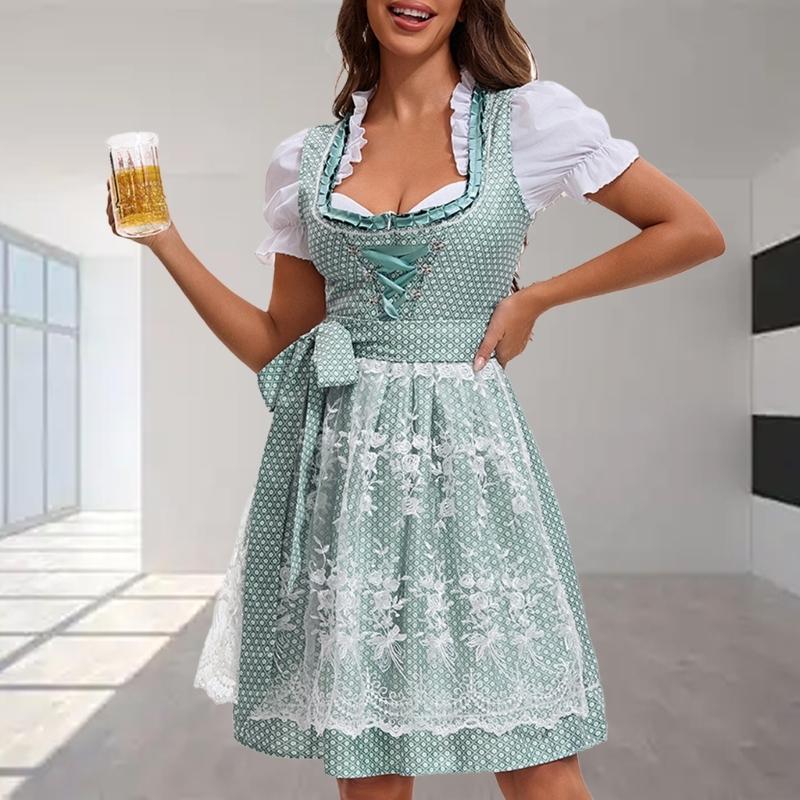 German Bavarian Oktoberfest Costume Set,Halloween Beer Costume Dirndl Dresses Blouse Apron Bows Ribbon for Adult Women