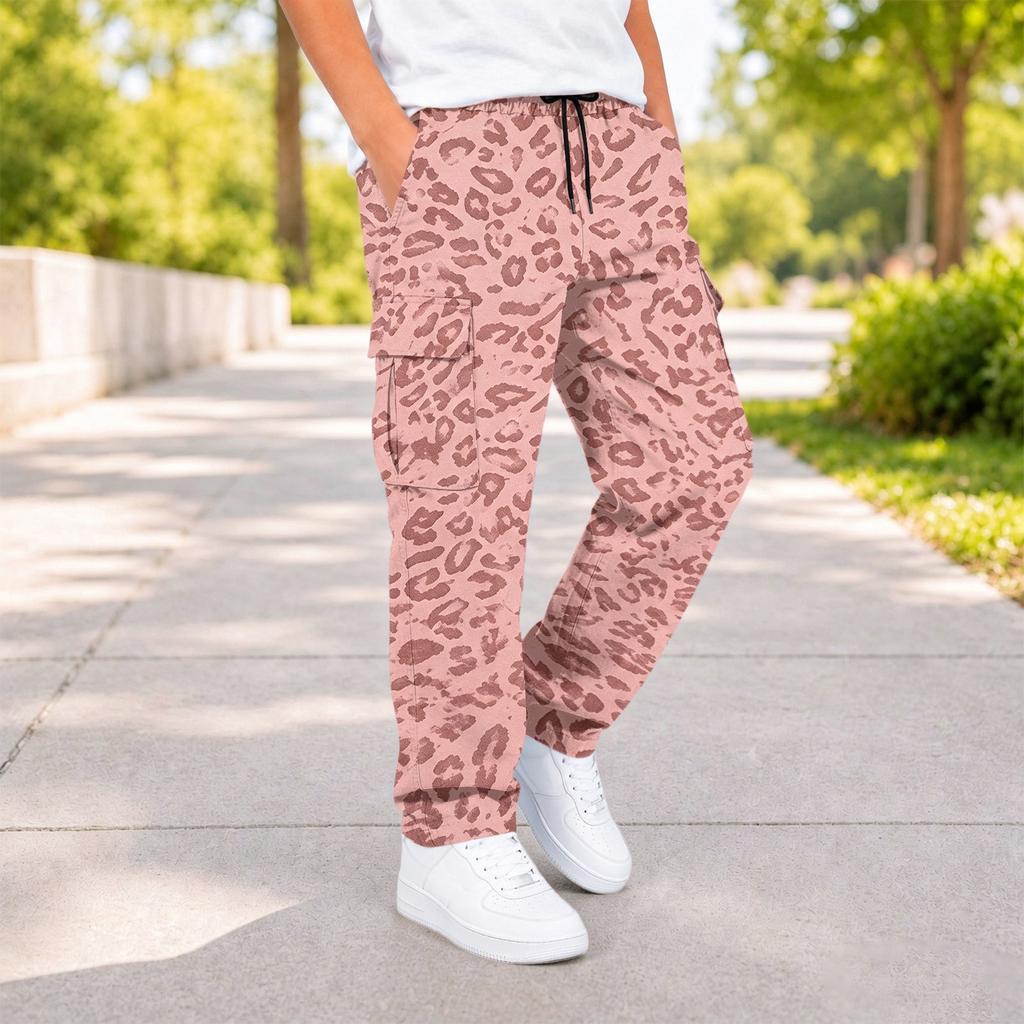 Boys Leopard Print Cargo Pants with and Pockets Casual Everyday Trousers