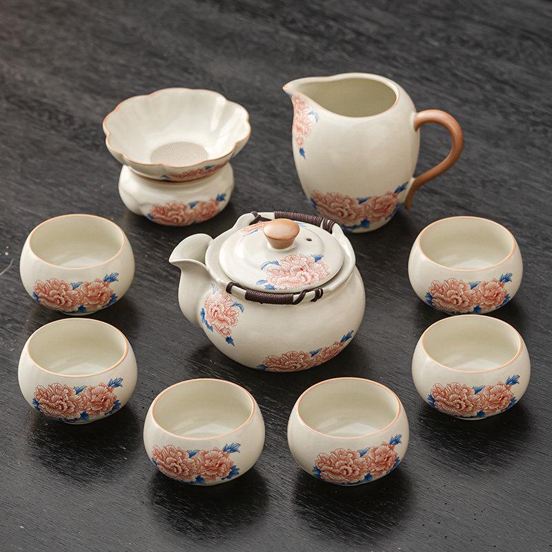 High-grade Beige Ru Kiln Hibiscus Ceramic Tea Set – Includes Teapot, Teacups, and Teaplate for Kung Fu Tea Ceremony, Suitable for Home and Office.