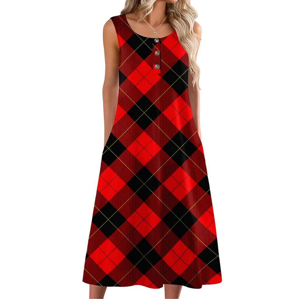 Women's Fashion Casual Sleeveless Button Plaid Print Dress with Pocket