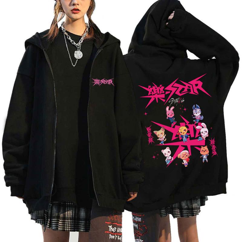 Stray Kids K-Pop Star Harajuku Print Loose Zipper Hoodie