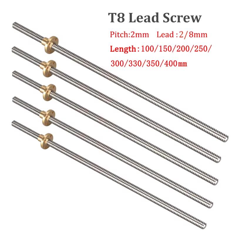 T8 Trapezgewindespindel mit Mutter Außendurchmesser 8mm Steigung 2mm Teilung 2mm 100mm-200mm-300mm-400mm-500mm Gewindespindel mit Messingmutter Reprap 3D-Drucker Teile