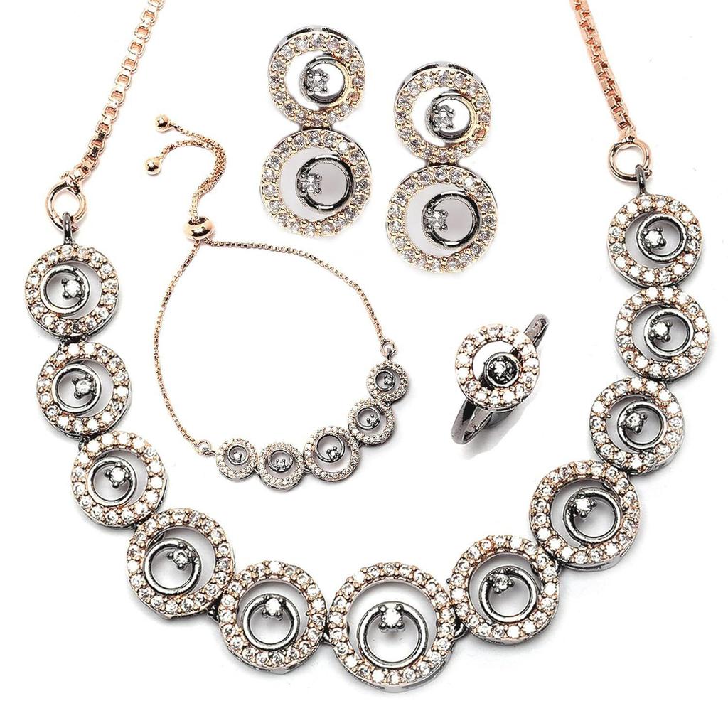 Fashion Cubic Zirconia Gold Plated Choker Necklace Set Ring Bracelet With Earring Jewellery For Women Pack Of 4