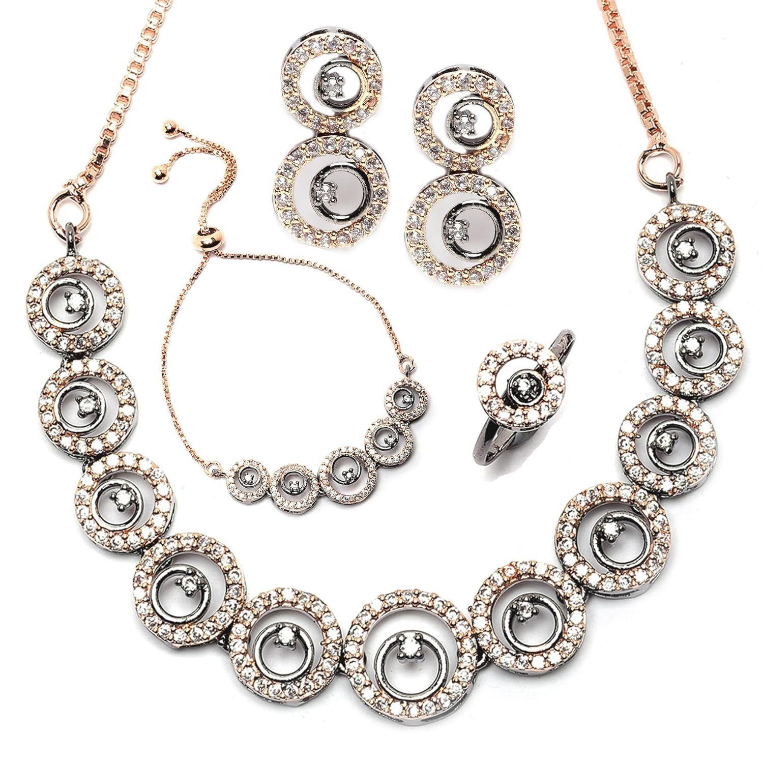 Модный комплект ожерелья-чокера с кубическим цирконием с золотым покрытием, кольцо, браслет и серьги для женщин, набор из 4 предметов