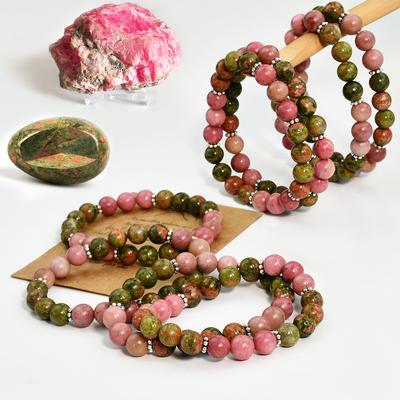 8mm Natural Stone Rhodochrosite Unakite Round Elastic Bracelet With Card Bohemian Women's Exquisite Charm Handmade Zircon