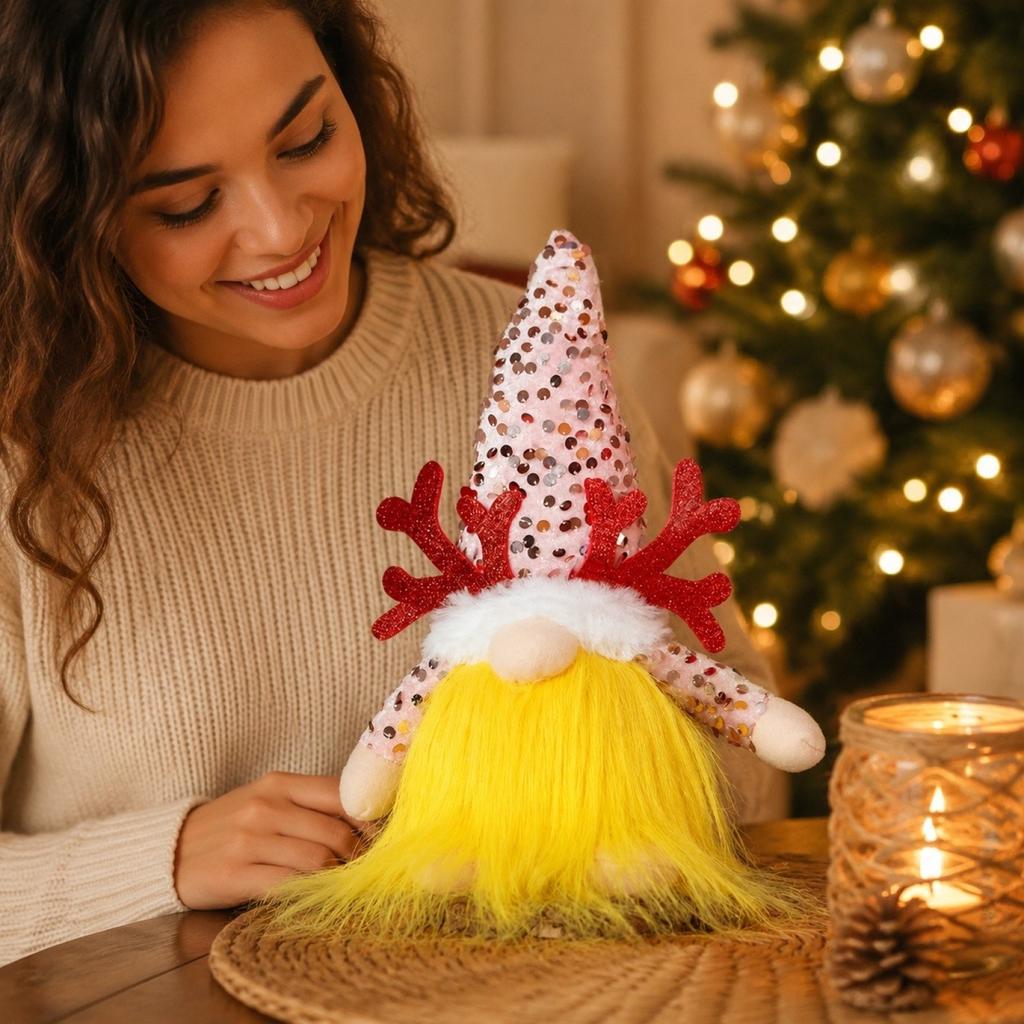 Glowing Christmas and Gnome Figurines with Sequins for Christmas Eve Window Decor