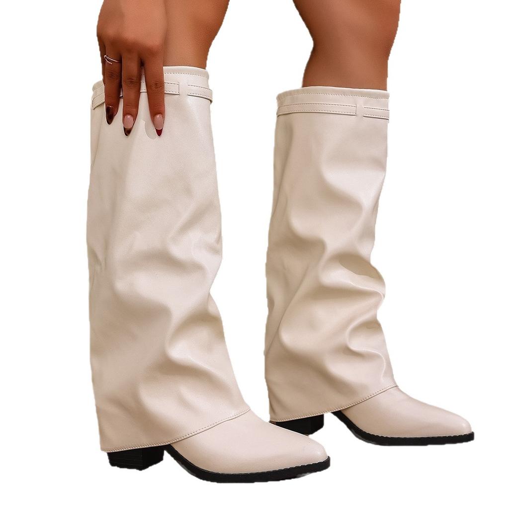 Folded High-heeled Fashion Boots Autumn New Thick-heeled Large-size British Style High-heeled Pants Boots Female Wish
