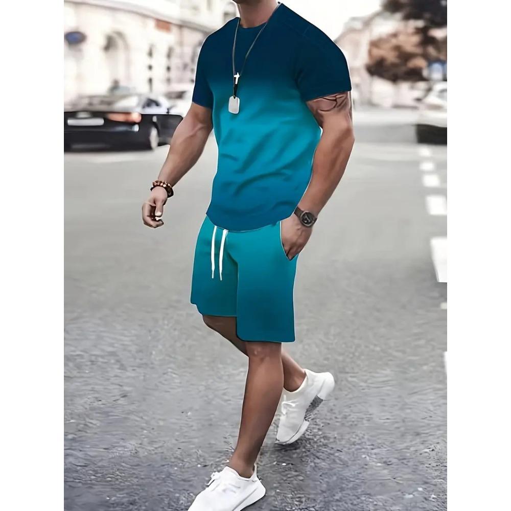 Men's Summer Sports Plus Size 2-piece Set Striped Design Loose Breathable Fashionable Colorful 3D Print Sports Wear