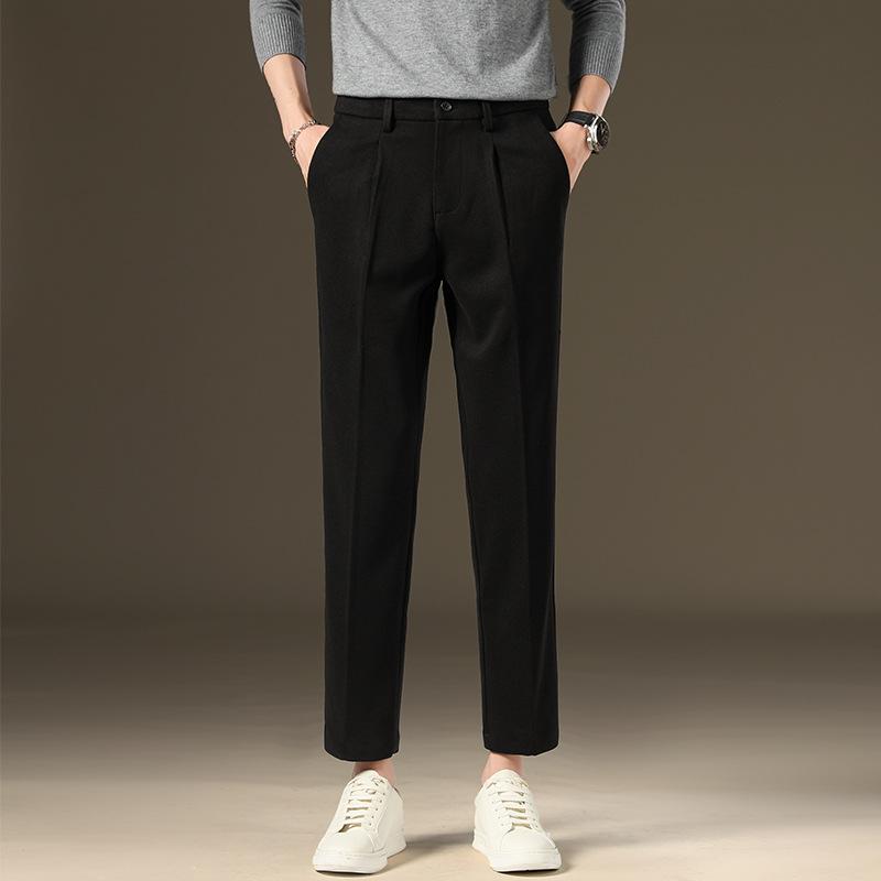 Light luxury winter woolen trousers men's casual pants men's slim straight trousers British elastic casual trousers nine points