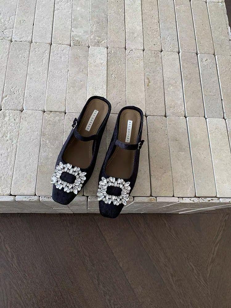 

Корейская версия сумки с пряжкой из одного слова и полутапочек для женщин, новая квадратная пряжка со стразами в начале весны 2025 года и пустая 40 чёрный