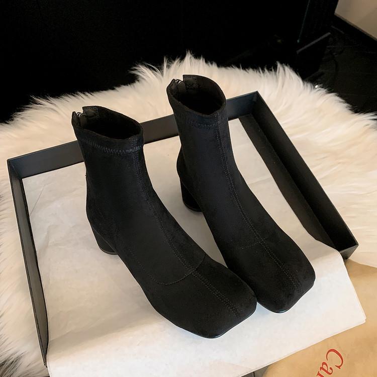 2025 Autumn and Winter New Suede Leather Boots Square Head Thick Heel Fashion Short Boots Thick Heel Medium Heel Elastic Cloth Boots