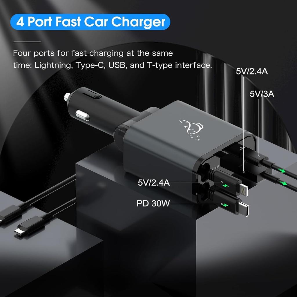 Retractable 70W 4 in 1 Car Charger with Retractable Cord, Fast Car Phone Charger Adapter Compatible with iPhone 16/15/14/13/12/11, Pixel, Samsung