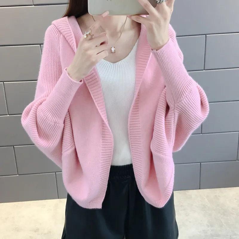 

Короткое пальто, новый женский свободный свитер с капюшоном с длинными рукавами, ранний осенний и зимний кардиган, толстый однотонный розовый кардиган M