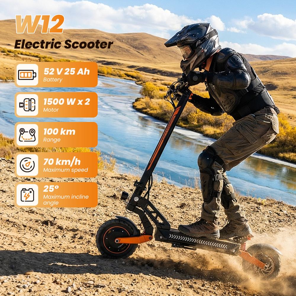 W12 Elektroroller 1500W*2 Doppelmotor 25Ah Akku 11'' Offroad-Reifen Doppelscheibenbremse Doppelfederung Geschwindigkeit 25KM/H Elektroroller