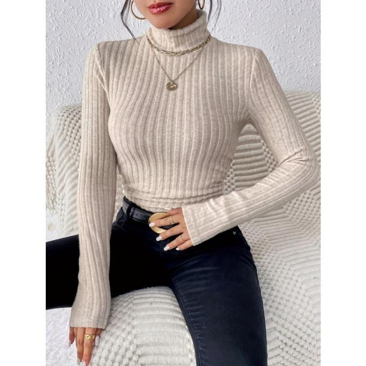 Elegant High Neck Slim Sweater for Women Long Sleeve Solid Color Autumn Winter Clothing