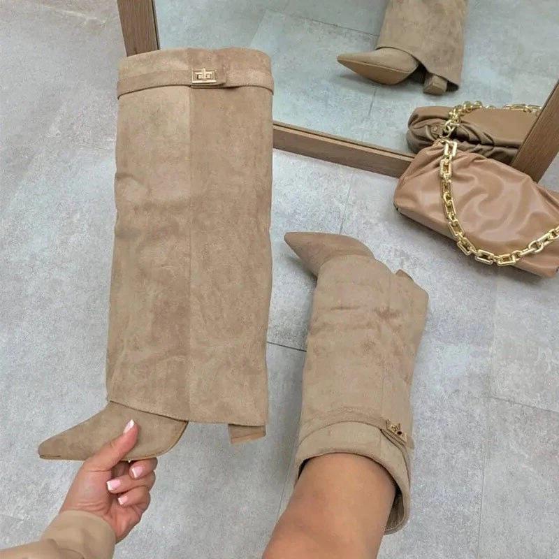 Bottes à talon bloc pointues pour femmes grande taille avec boucle métallique – Mi-longues, Mollets larges