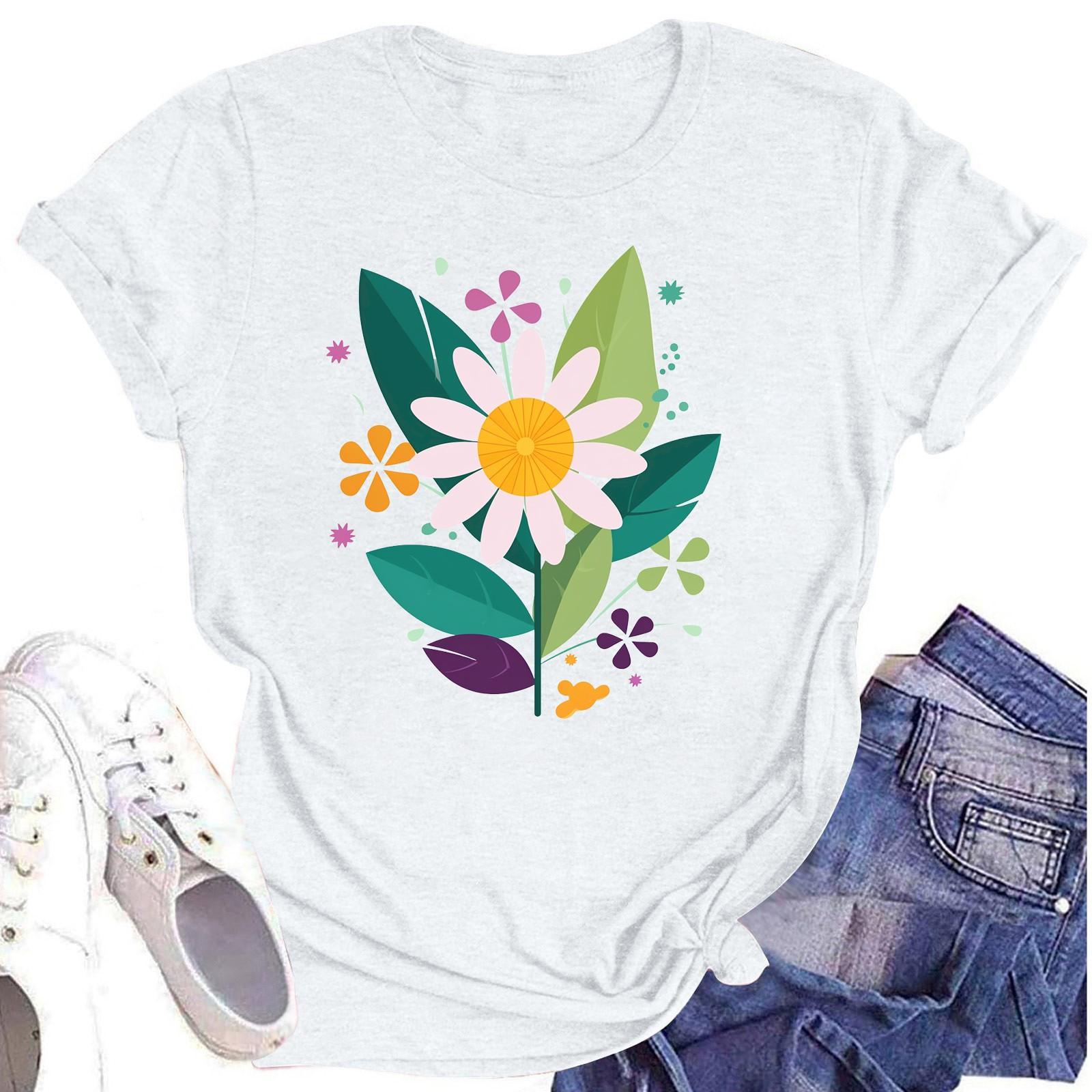 

Женская повседневная футболка с круглым вырезом и цветочным принтом, короткий рукав XL белый