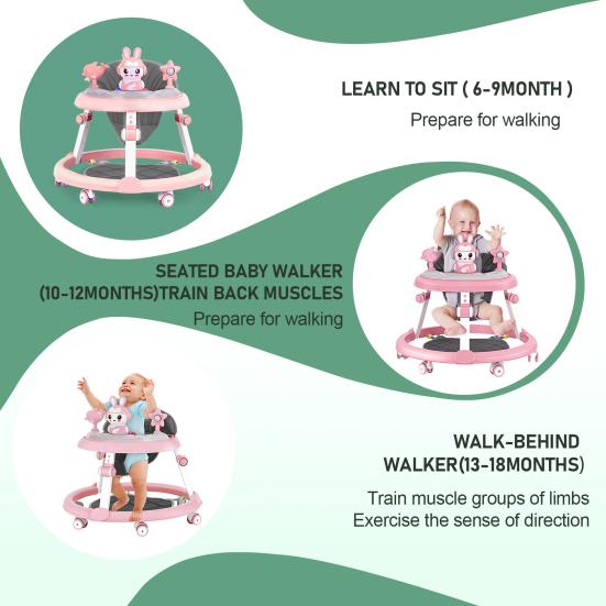 Faltbarer Baby-Gehwagen für Kinder mit leisen Rädern, 7-stufig höhenverstellbar, Aktivitäts-Gehwagen, Anti-Kipp-Schutz, Genu Varum-Zentrum, 6-18