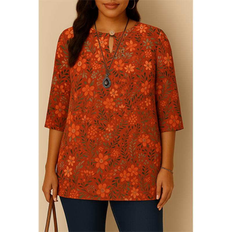 Casual Blouse, Vintage Style, For Women, Floral Print, O Neck, Three Tribal Sleeves, Elegant Loose Top