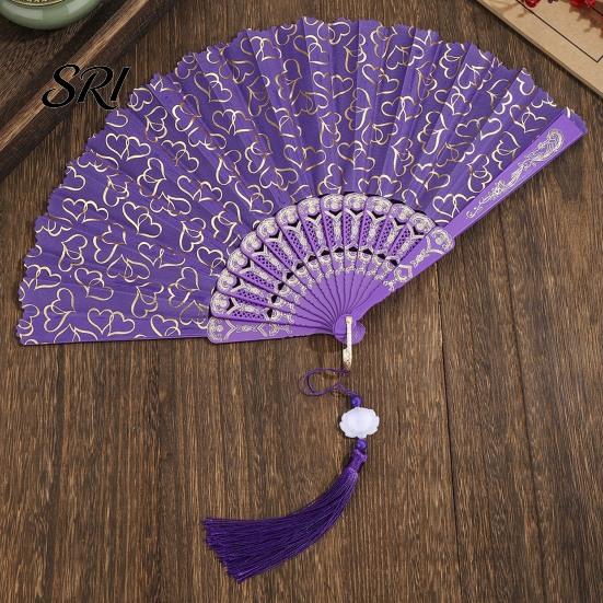 Tragbarer Faltfächer Liebesherz-Druck mit Quaste Chinesischer Stil Hohlrippen Hand Damen Tanzaufführung Requisiten Partygeschenke Reise Handheld