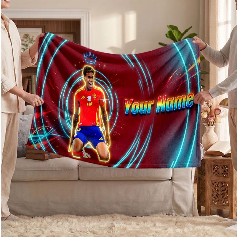 Lamine Yamal Personalisierte Fleecedecke Mit Fußball Logo, Benutzerdefinierter Name Text Weich Warm Heimdecke