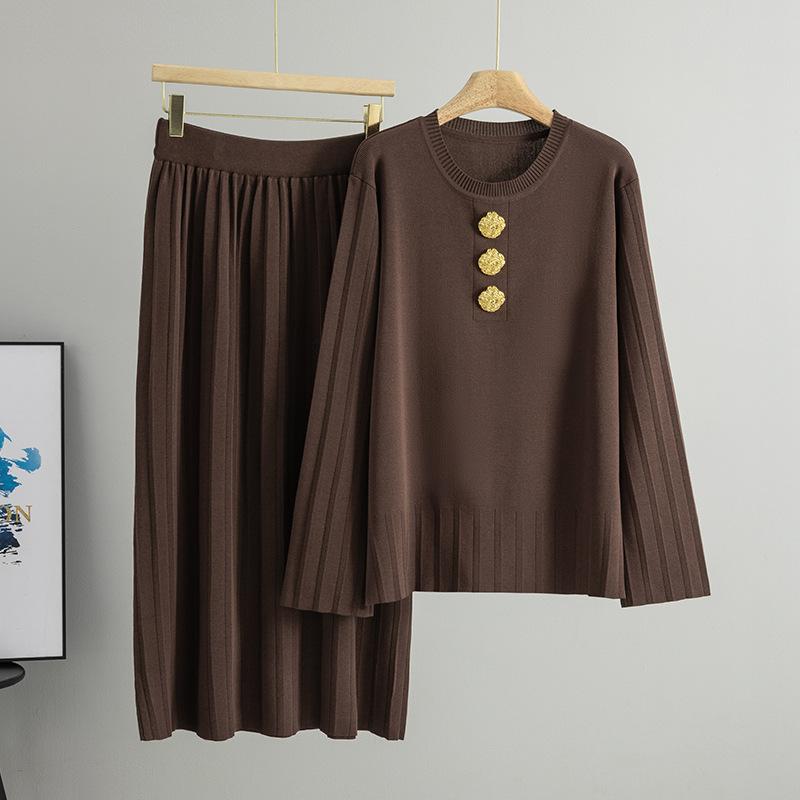 

Топ с круглым вырезом, на золотых пуговицах, облегающий фигуру, с рукавами летучая мышь, вязаный комплект, женственное плиссированное длинное платье One size кофейный