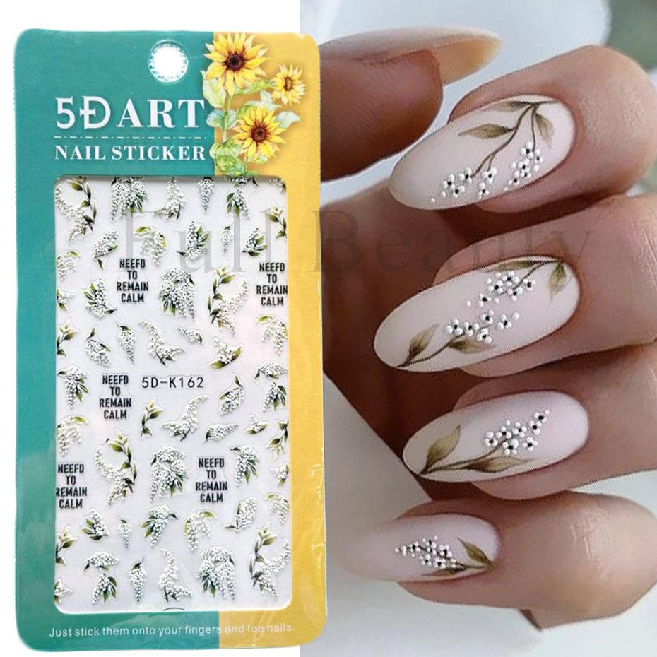 5D geprägte Nagelkunstaufkleber, weiße Blumen-Nagelabziehbilder, Gravur floraler Nagelschieber-Spitzen