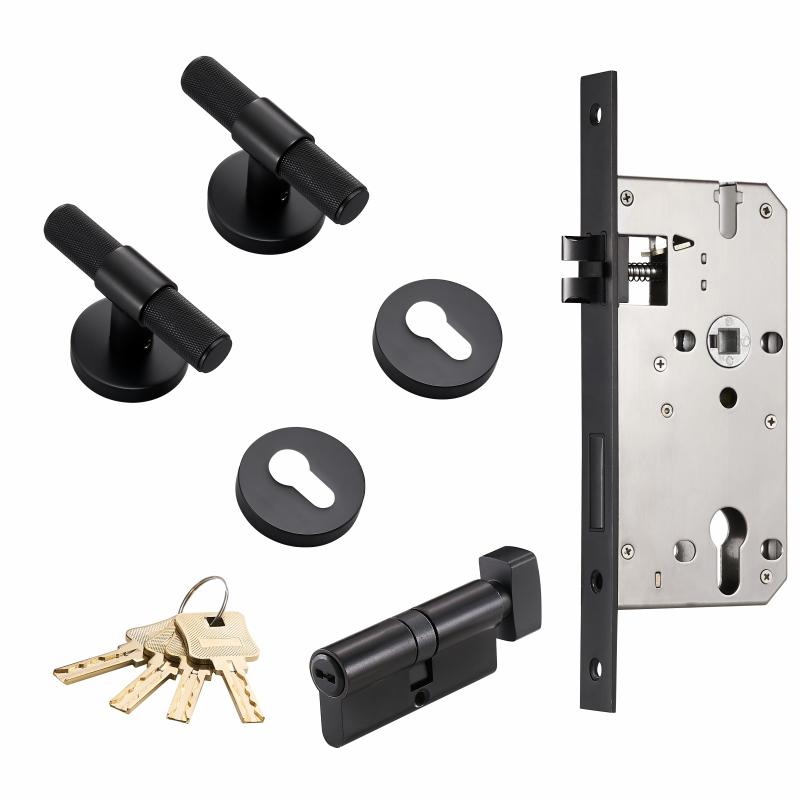 Dooroom Brass Door Lever Set Modern Knurled T-bar Interior Bedroom Bathroom Double Wood Door Lock Set Dummy Knob Hidden Door