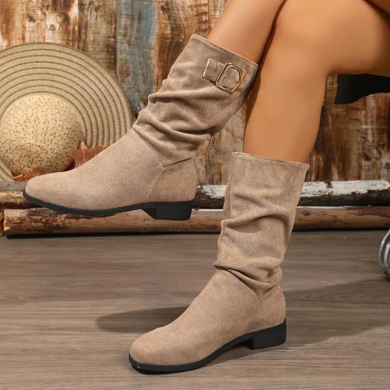 Fashion 2025 Brand Ladies Shoes Belt Buckle Women's Boots Fashion Slip-on Modern Boots Women Winter Retro Rome Plus Size Mid-Calf Boots