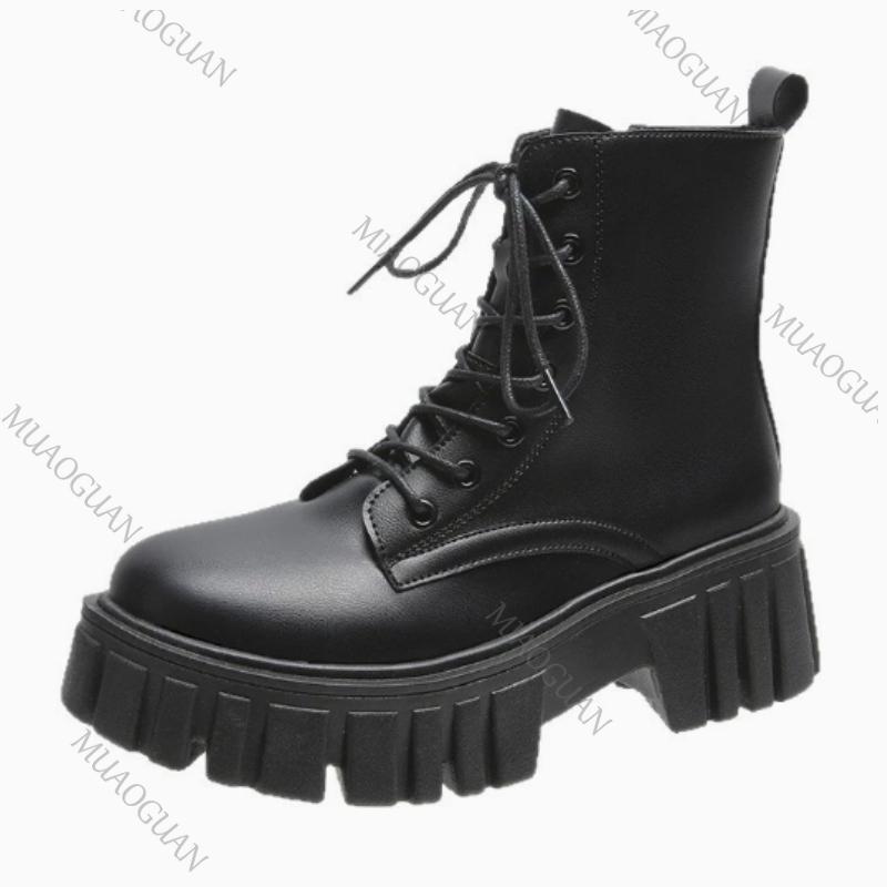 Women Autumn Winter Soft Leather Ankle Boots Platform Lace Up Chelsea Short Boots Thick Heel Black White
