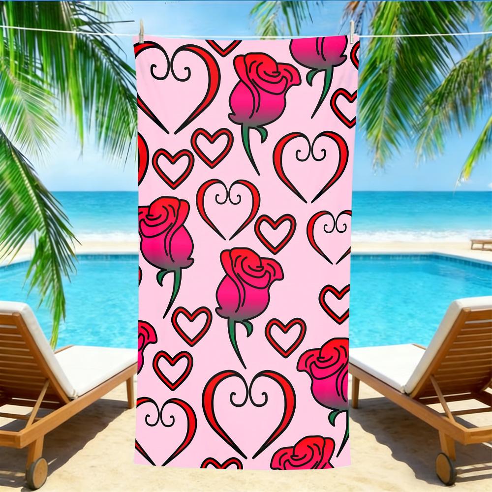 

Romantic Pink Floral Beach Towel – Quick Dry Absorbent with Rose & Heart Print for Summer Vacations W40*H60(CM)