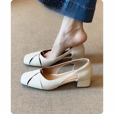 Square-toed Hollowed-out Sandals Women's Clogs Retro Shallow-mouthed Breathable Chunk-heeled Single Shoes