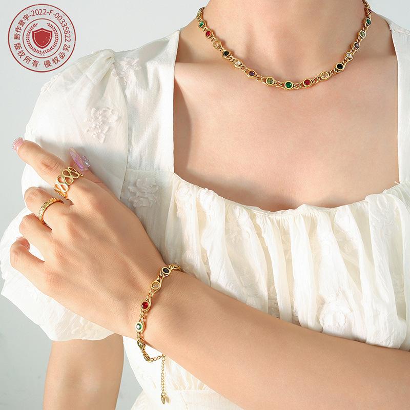 18K Gold Plated Stainless Steel U-Shape Choker Necklace Bracelet Set Minimalist French Retro Style Colorful CZ Diamond Necklace