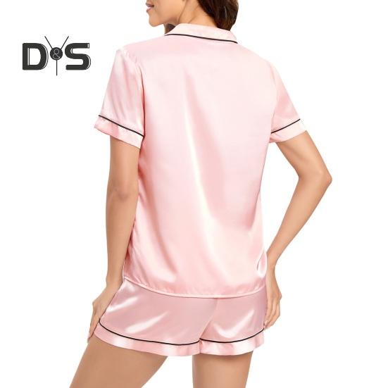 2 Stück/Set Damen Hemd Shorts Anzug V-Ausschnitt Revers Kurzärmlig Satin Einfarbig Oberteil Elastischer Bund Kurze Hose Homewear Loungewear Outfit Sommer