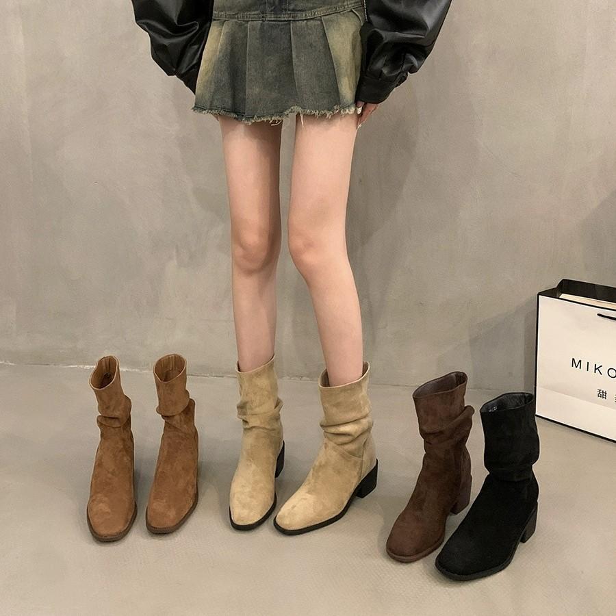 Retro Stacking Boots Women's Summer and Autumn 2025 New Thin Khaki Martin Boots Thick Heel Photo Cowboy Short Boots Women