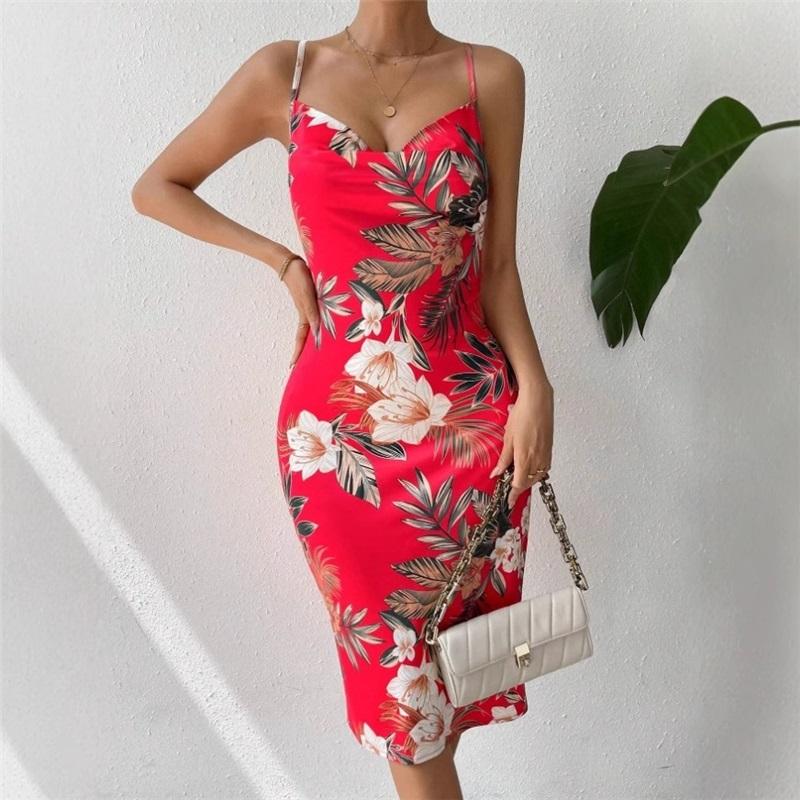 

Summer Sexy European American Women Dress Side Slit Printed Mid Length Spaghetti Strap Dress Elegant Casual Fashion Dress XL червоний