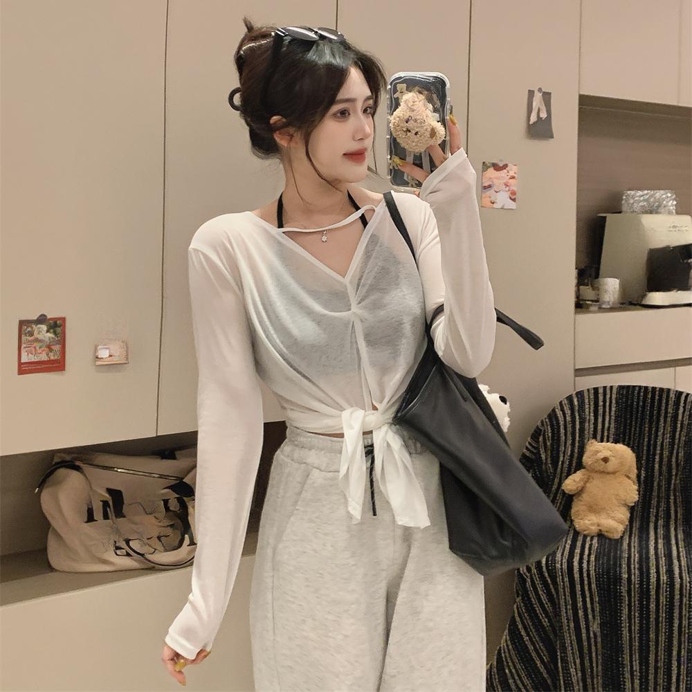 2025 spring Summer V-neck Sunscreen Thin Lazy Loose Long Sleeve T-shirts casual loose solid perspective Front and Back Double Top for Women t shirt