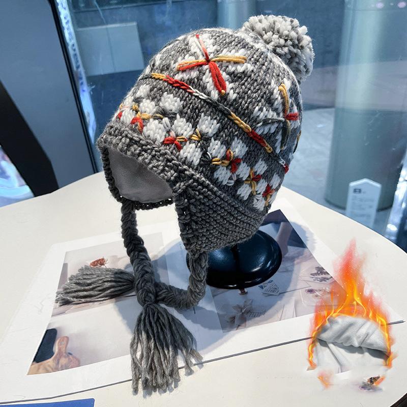 Handmade Crochet Knitted Hat Women Parent-child Warm Colorful Mixed Yarn Beanie Double Braids Ear Protection Winter Outdoor Cap