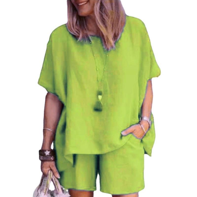 women's Solid Color Batwing Short Sleeve Loose Top High Waist Casual Shorts Summer Two Piece Outfit Set