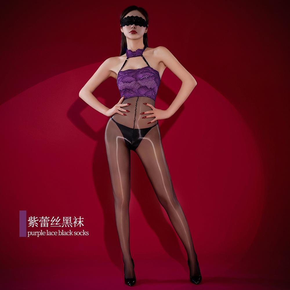 Women's Oil Shiny Jumpsuit Lace Patchwork Sexy Halter Sheer See Through Bodysuit Ultrathin Woman Leotard Shaping Wear