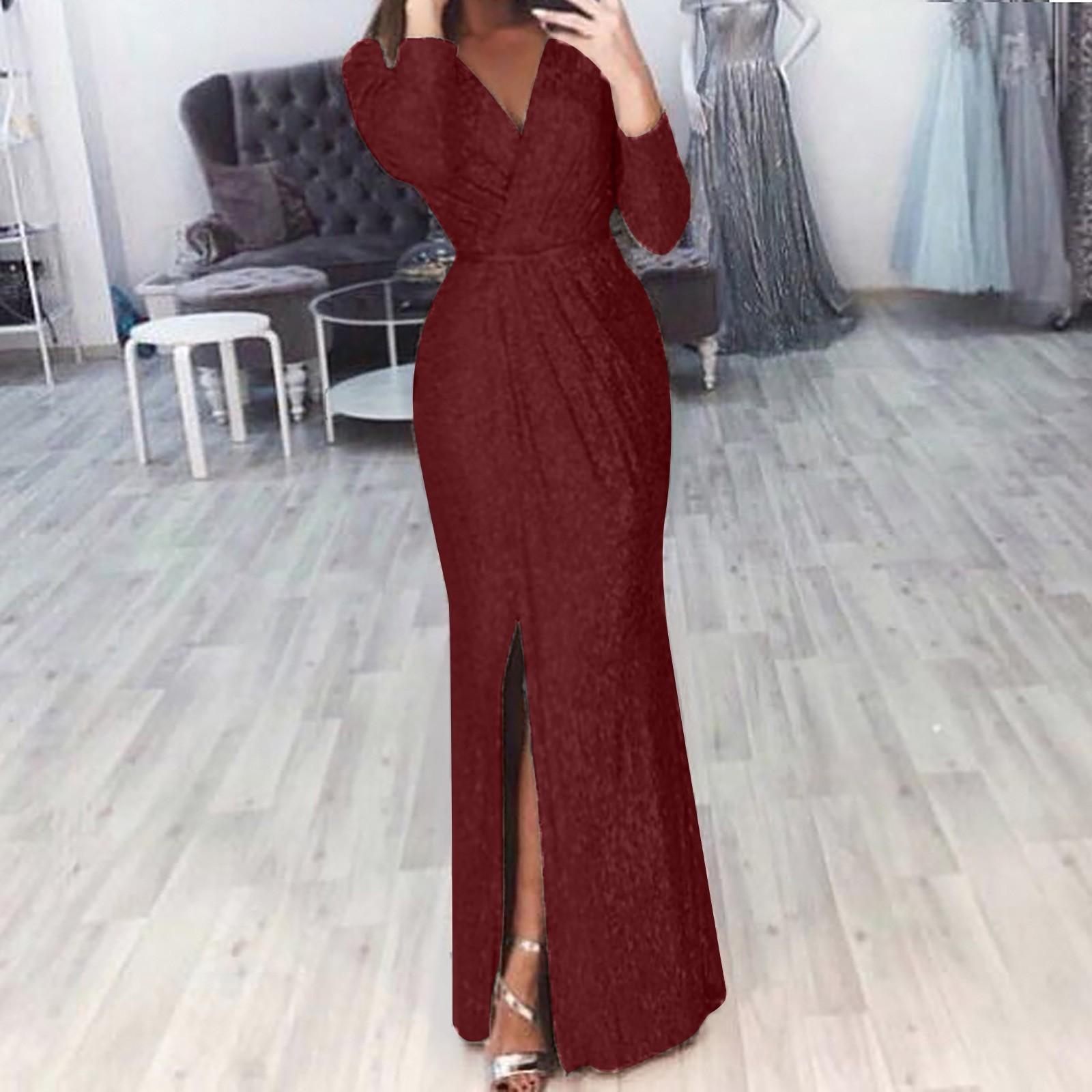 Women s Long Dress Deep V-neck Sexy Sparkling Evening Dress XL винный