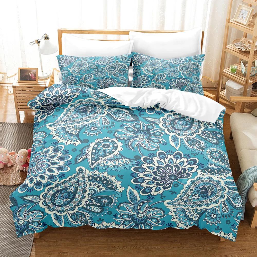 Bohemian Mandala Duvet Cover Set King Size Blue Boho Microfiber Comforter Cover +Pillowcases Zipper Closure Bedding Set Double