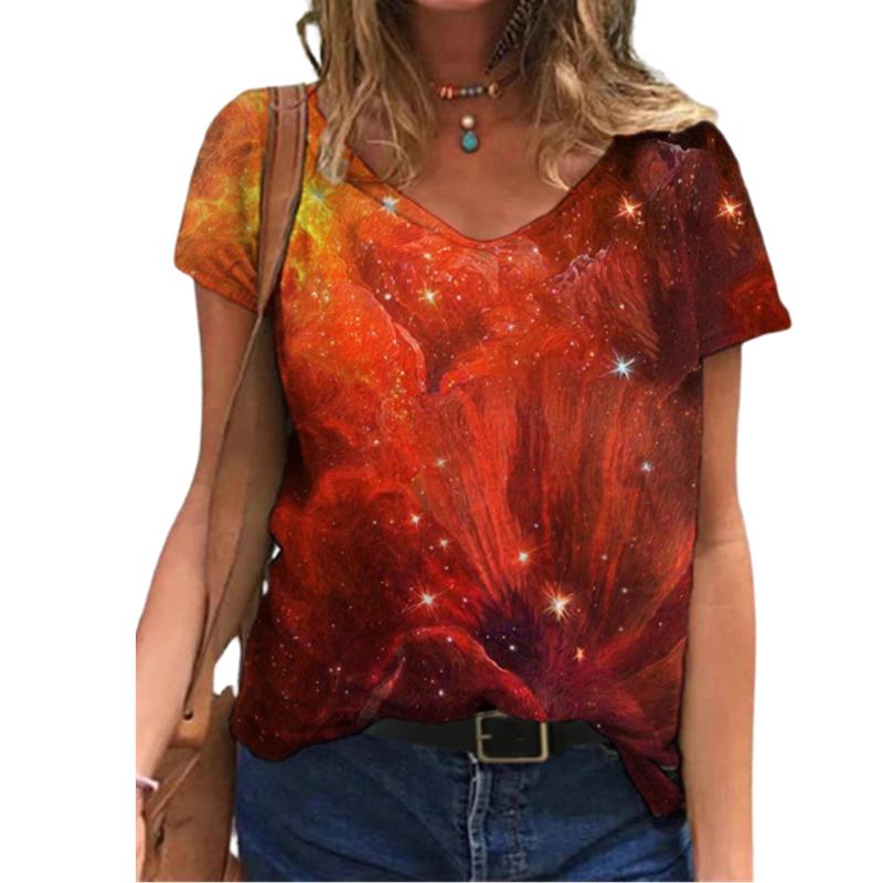 Fashion Spring  Star Print Blouses Short Sleeved V-Neck T Shirts Casual