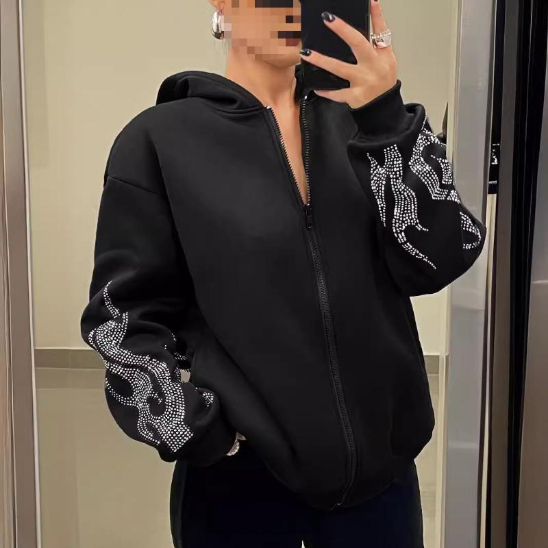 Autumn and winter Y2K trendy street flame hot stamping loose zipper hooded sweatshirt for men and women