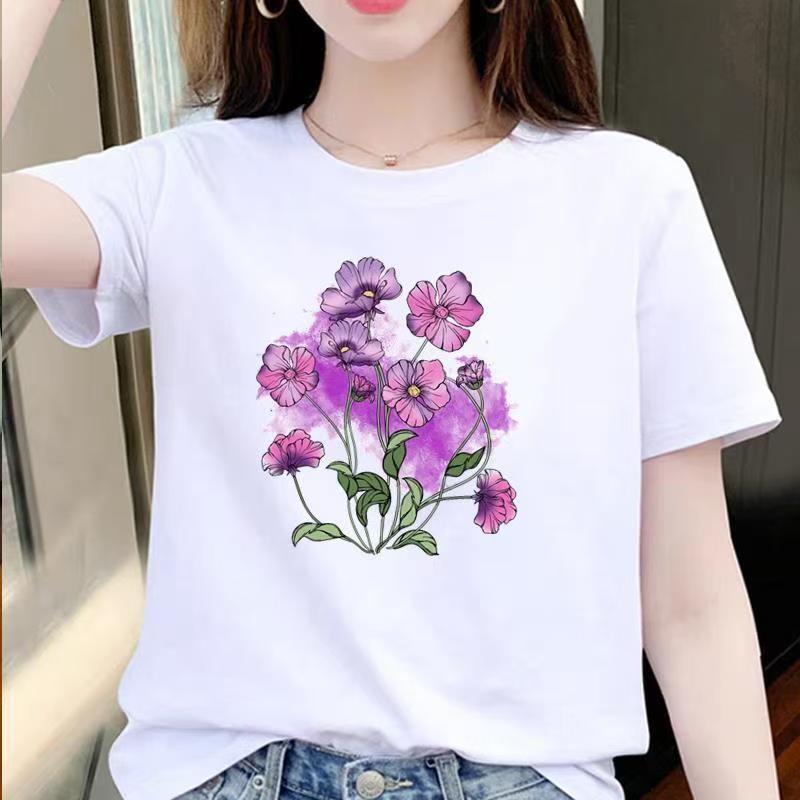 All-matching New White Women s Casual Crew-neck Flower Print Short-sleeved T-shirt Blouse Slim Summer polyester fabric S