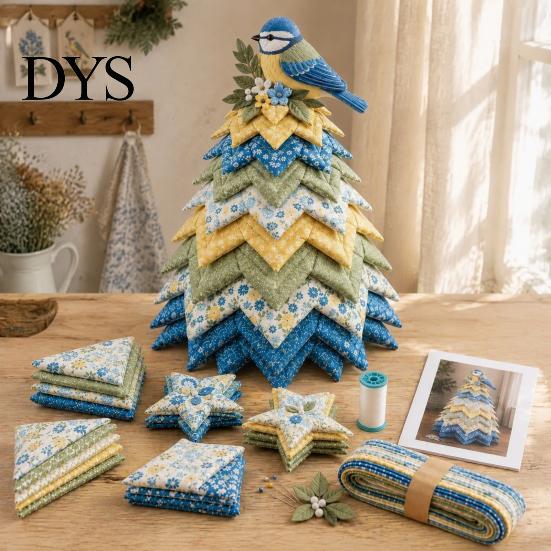 Festive Bird Theme Patchwork Christmas Tree Kit, DIY Quilted Fabric Craft Unique Gift for Crafters Floral Handmade Centerpiece Holiday Home