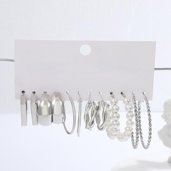 Yousheng 6 Pairs Women Hoop Earrings Simple Geometric C-shaped Twisted Faux Pearl Assorted Earrings Fashion Accessories Gift