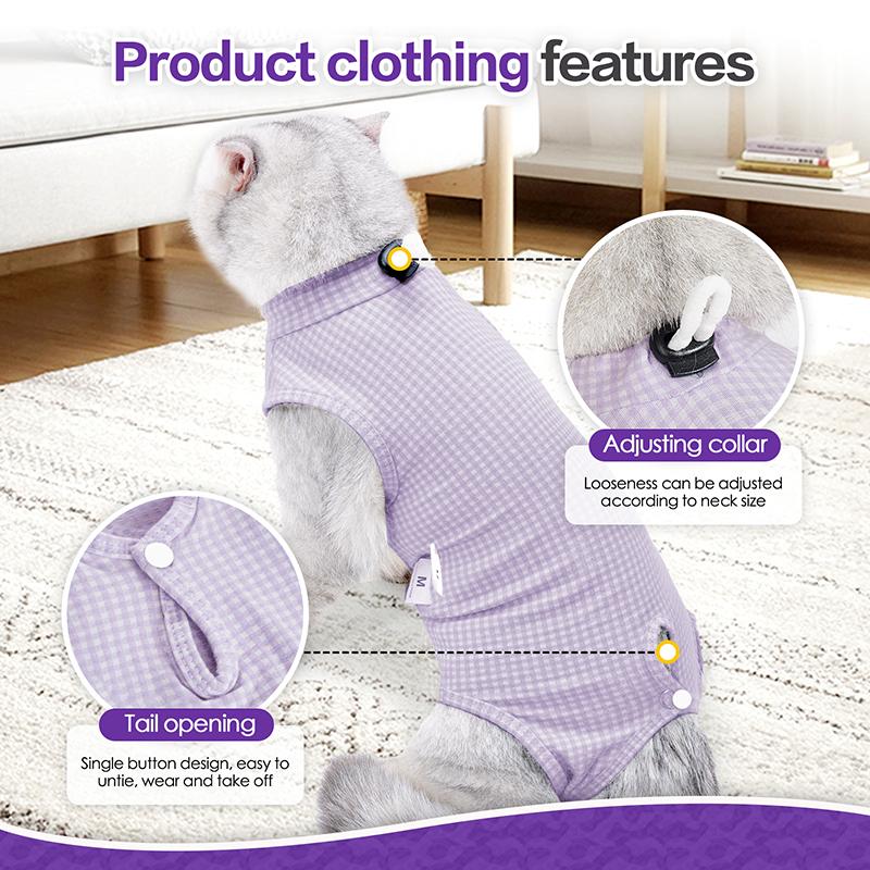 Classic Sweet Plaid Pet Surgery Garment for Cats Easy To Wear Adjustable Comfortable Cotton Cat Recovery Onesie Mascotas Gatos